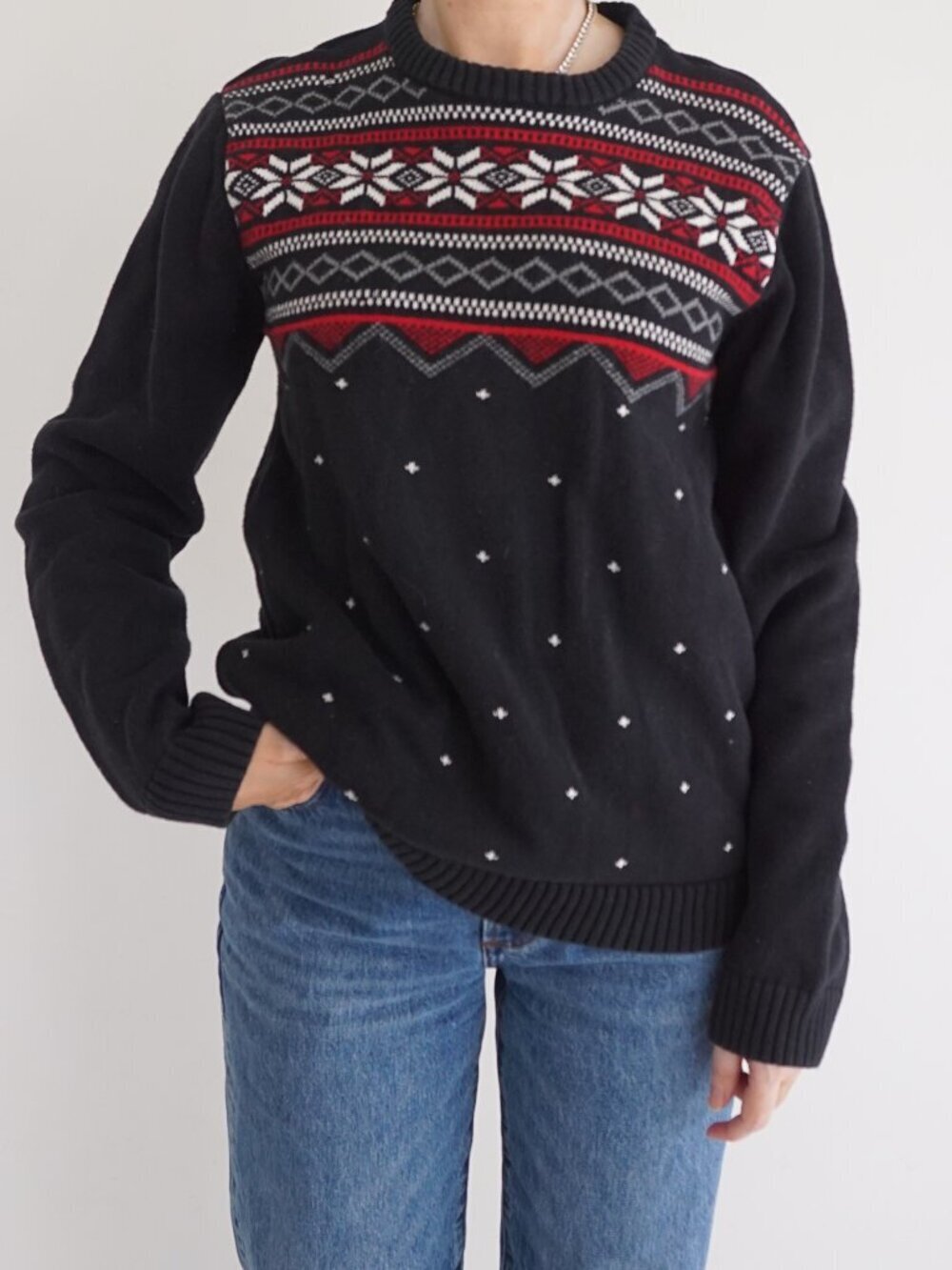 Chaps Black Fair Isle Snowflake Nordic Holiday Cotton Sweater Youth 18 Womens XS